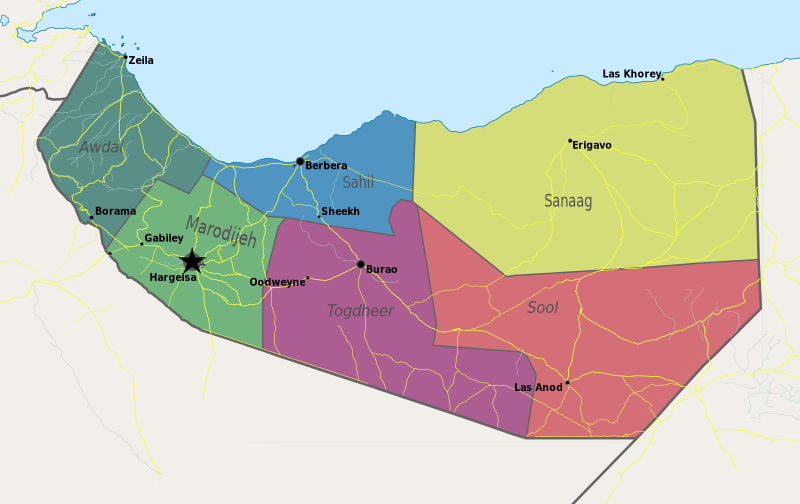 Regional map of Somaliland showing Awdal, Marodijeh, Sahil, Togdheer, Sanaag and Sool with major cities including Hargeisa, Berbera, Borama, Burao, Erigavo and Zeila