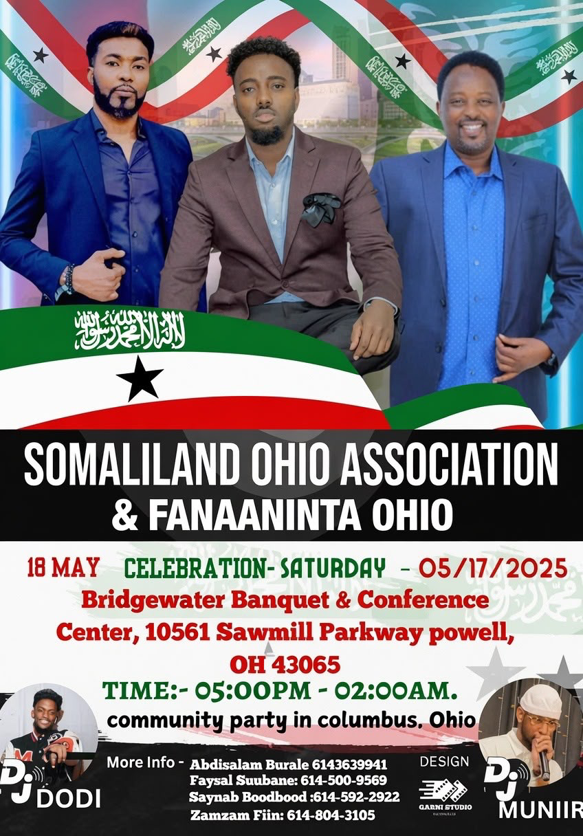 Flyer for the Somaliland Ohio Association and Fanaaninta Ohio reclamation of independence celebration on May 17, 2025
